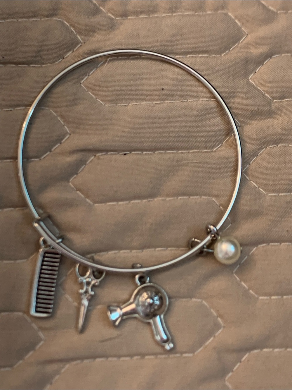 Silver Hair Stylist Charm Bangle with Faux Pearl